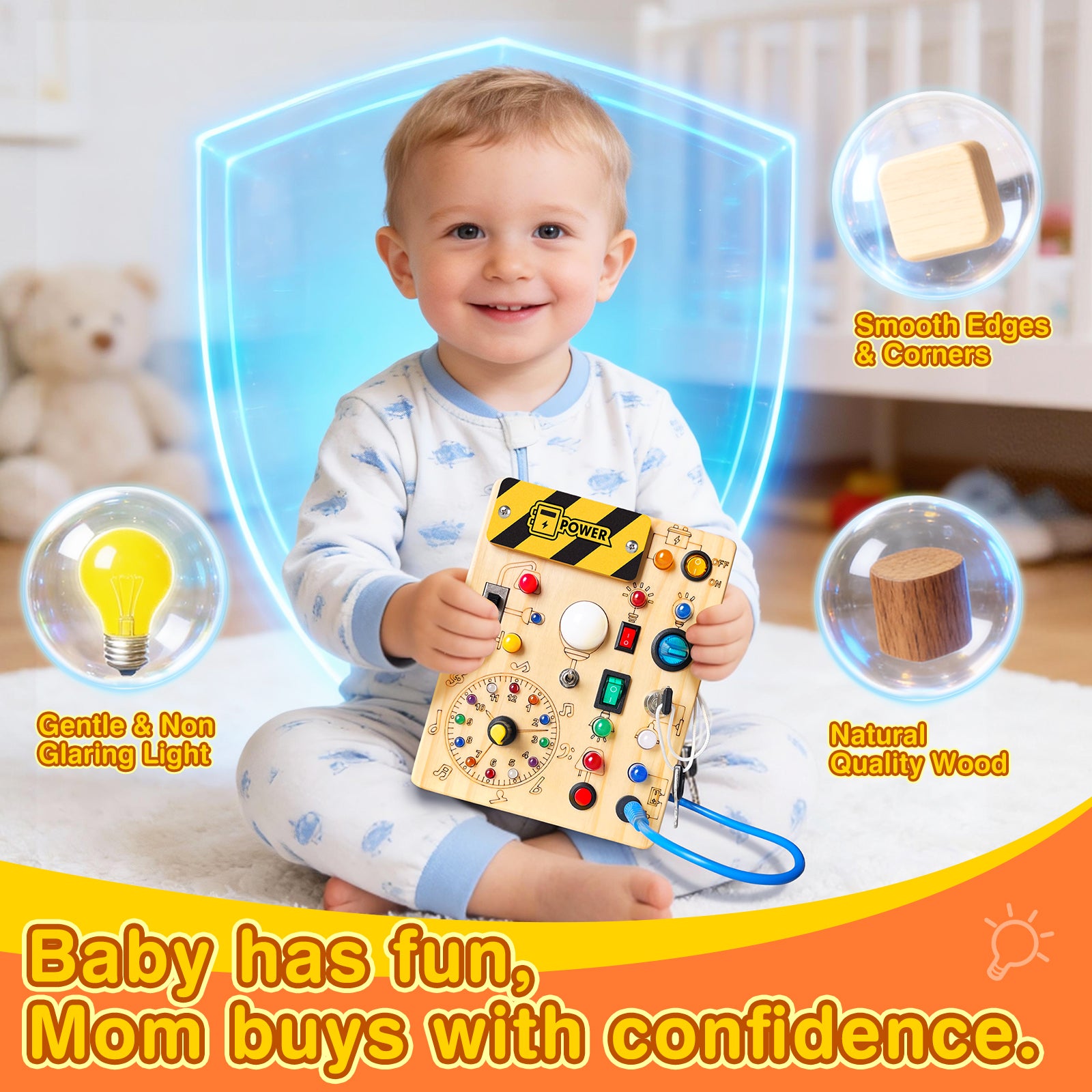 Sumsoltic Montessori Busy Board with LED Lights for 1+ Years
