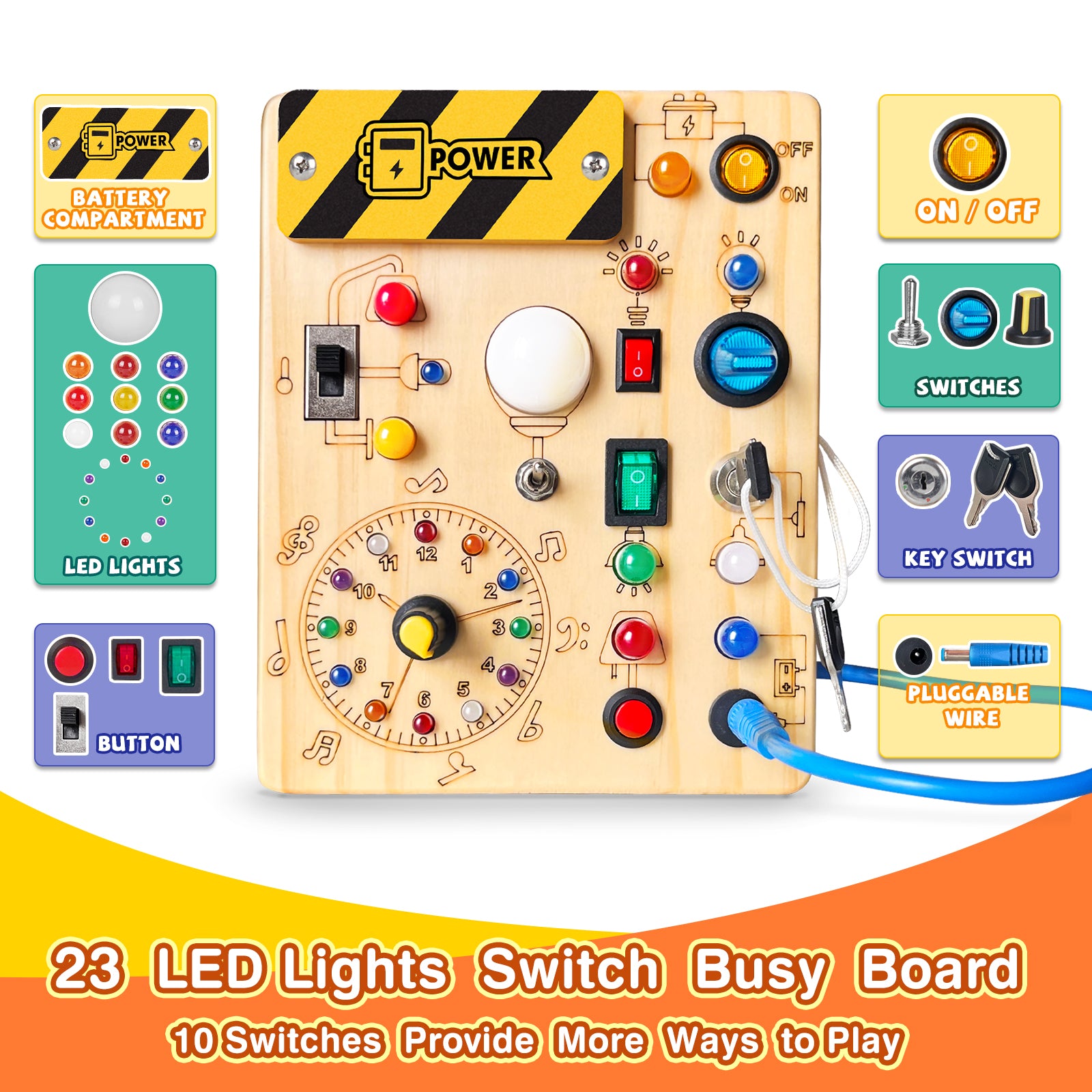 Sumsoltic Montessori Busy Board with LED Lights for 1+ Years